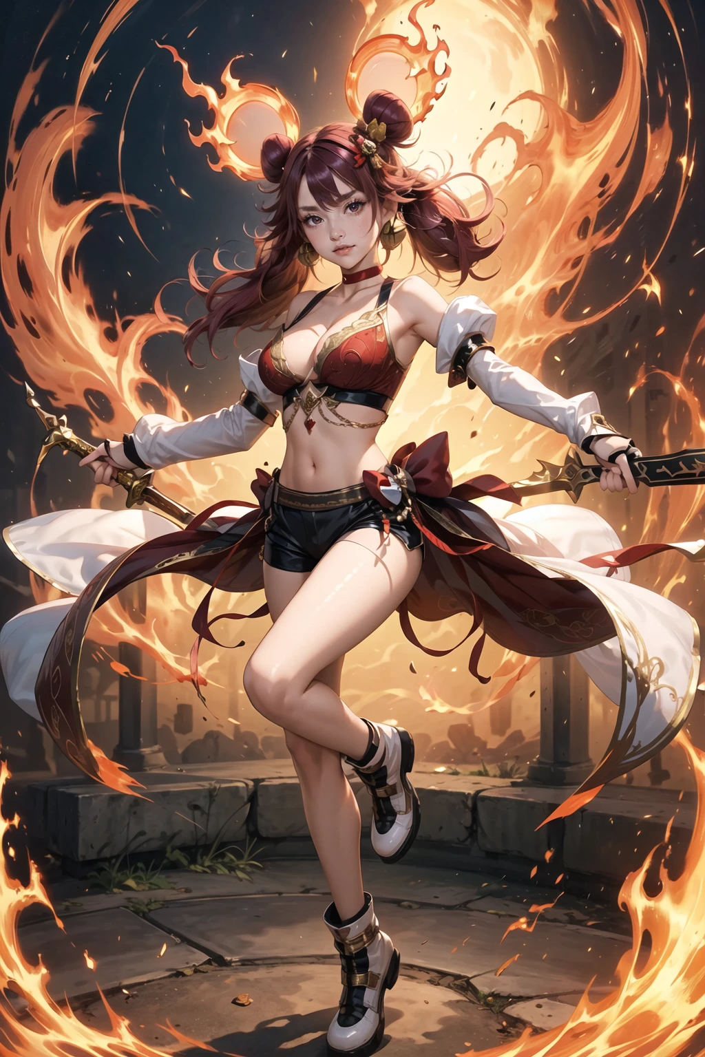 masterpiece, top quality, high resolution, solo, black and red crop top, cleavage, medium breasts, midriff, fox ears, crop top, micro skirt, sexy, brown hair, cowboy shot, full body, smirk