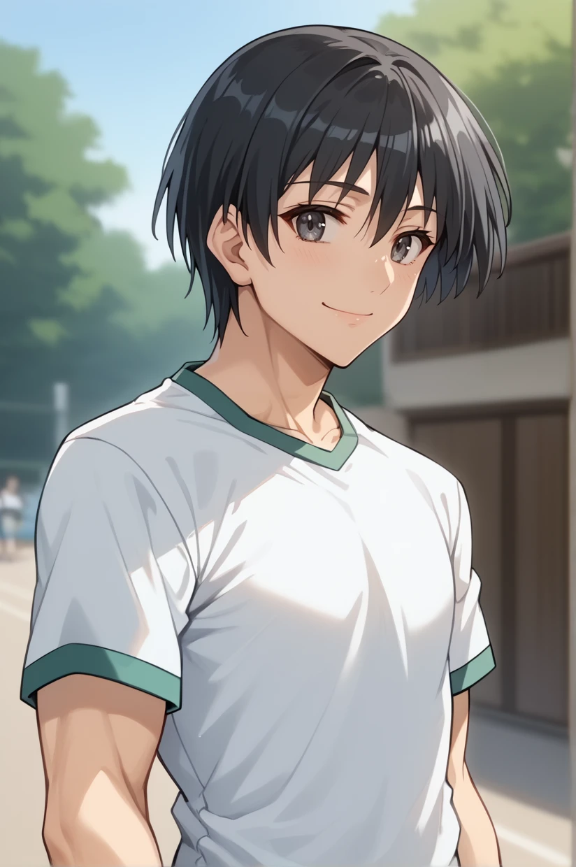 <lora:TouyaSakura-09:1> TouyaSakura, black hair, short hair, grey eyes, white shirt, short sleeves, t-shirt, raglan sleeves, smile, closed mouth, toned, 16k, masterpiece, absurdes, highly detailed, highres, high quality, best quality, score_9, score_8_up, score_7_up, score_6_up, looking at viewer, portrait, upper body, close-up, bust, solo focus, depth of field, cowboy shot