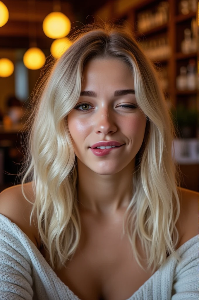 photo of a 20yo woman with blond hair (winks with one eye at viewer) and (biting on own lips) with a smirk. backrounf is a cozy cafe.