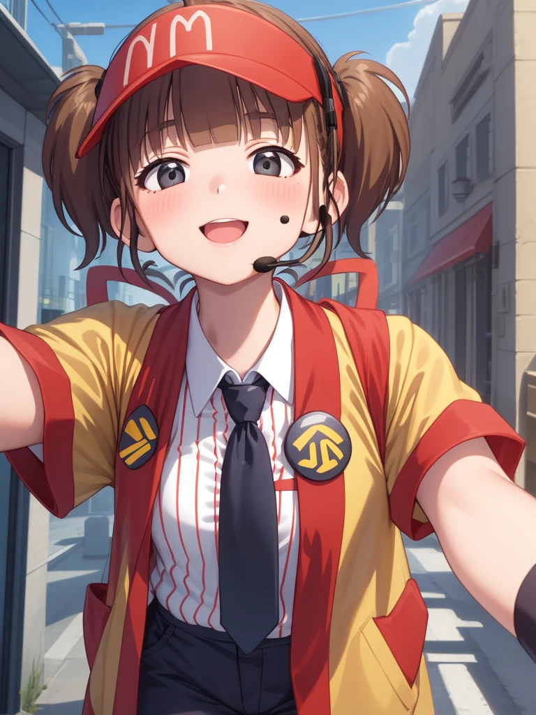 ((masterpiece)),(best quality),official art,extremely delicate and beautiful,extremely detailed CG,unity 8k wallpaper,ultra detailed,beautiful detailed eyes,extremely detailed face,outdoors,1girl,solo,upper body,(portrait:1.5),looking at viewer,facing viewer,smile,blush,Double Cheese,ahoge,headset,microphone,visor cap,red headwear,long hair,brown hair,short twintails,blunt bangs,black eyes,employee uniform,yellow jacket,open jacket,black necktie,collared shirt,white shirt,vertical-striped shirt,badge,short sleeves,wristband,medium breasts,shirt tucked in,black shorts,short shorts,thighs,white socks,sneakers,<lora:Double Cheese(mcdonald's):1.6>,