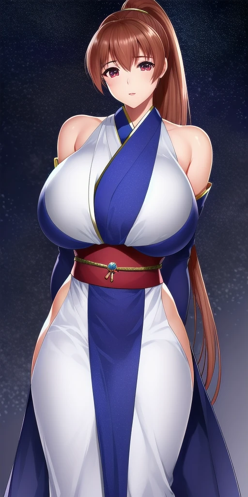 <lora:KasumiHellabunaV6:.8> kasumi_hellabuna, huge_breasts, standing, solo, arms_behind_back, starry_sky, high_ponytail, pelvic_curtain,, masterpiece, best_quality, detailed_face, detailed_eyes, highres, beautiful, detailed, absurdres,