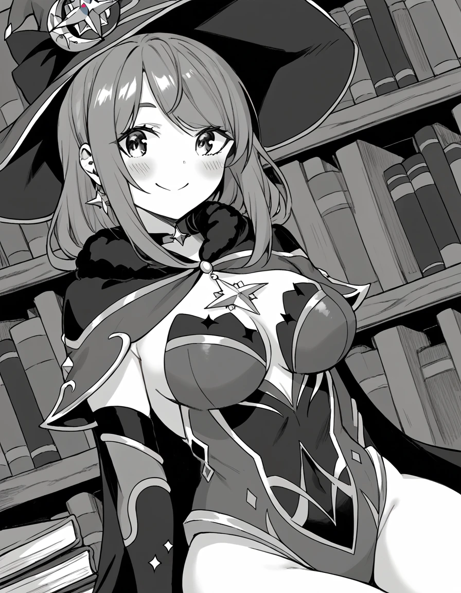 score_9, score_8_up, score_7_up, source_anime, <lora:maya-akitsu-manga-ponyxl-lora-nochekaiser:1>, maya akitsu, long hair, bangs, monochrome, greyscale, large breasts,, <lora:genshin-mona-cosplay-ponyxl-lora-nochekaiser:1>, genshin mona cosplay, mona (genshin impact) (cosplay), gloves, hat, jewelry, earrings, detached sleeves, choker, black gloves, cape, leotard, witch hat, hat ornament,, indoors, library, books, sitting, smile, blush, cowboy shot, looking at viewer, , dutch angle, cowboy shot