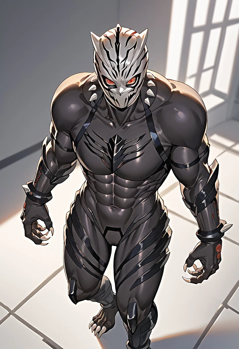 Score_9, Score_8_up, Score_7_up, 1girl, solo, upper body, front view, onster-tiger-suit, tora-hara-mi-tsuki, helmet, monster, covered navel, abs, claws, sharp toenails, bodysuit, armor, spikes, mask, bodysuit. dynamic angle, from above, looking at viewer