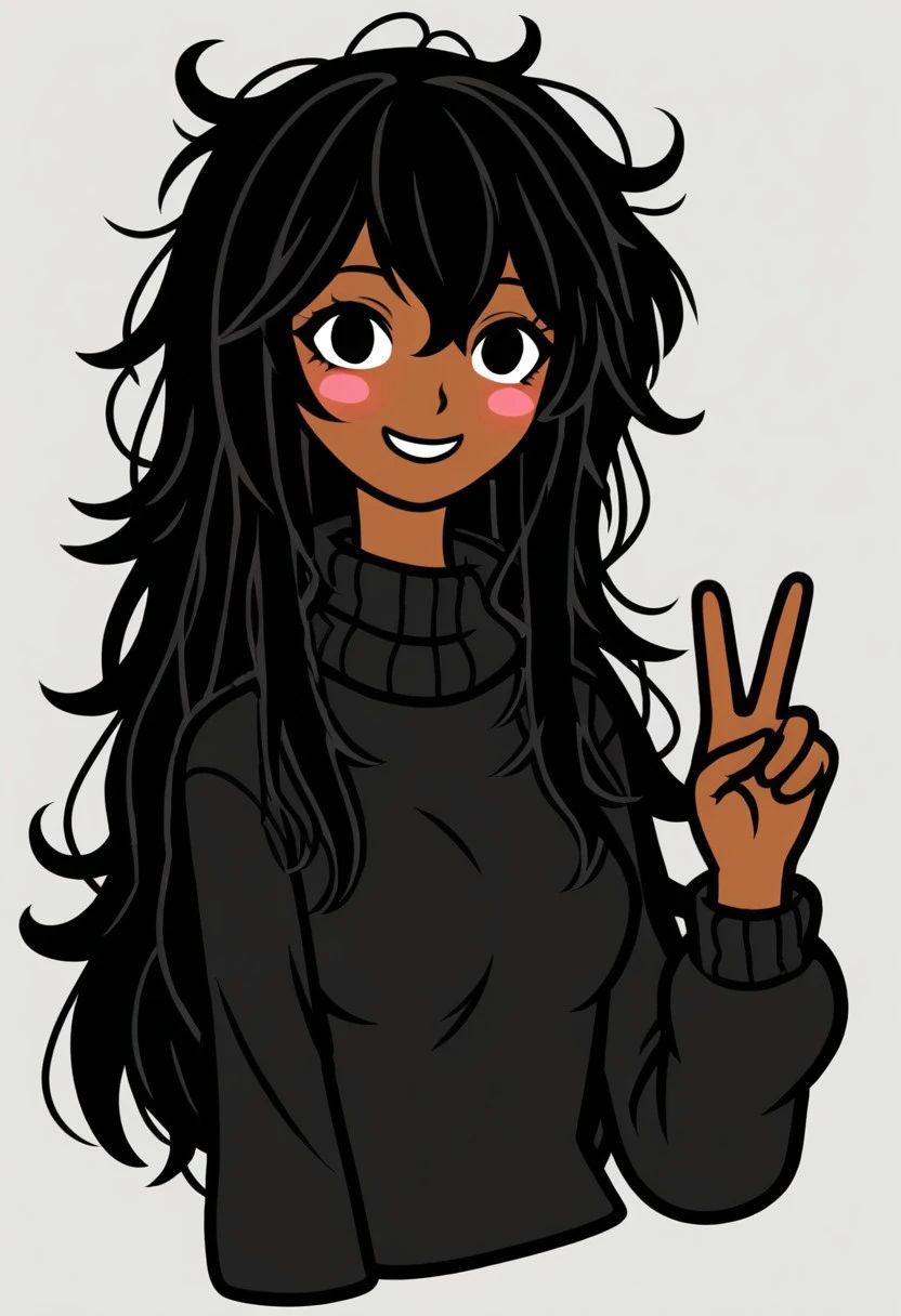 1girl, mestizo skin, dark skin, black hair, simple background, black sweater, turtleneck, smiling, blushing, long hair, messy hair, peace sign, Rhythm Heaven, Thick outline, flat colors, black eyes