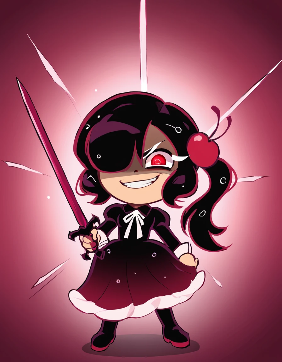 <lora:CherryColaCookie:0.8> ccolacookie, 1girl, solo, black hair, dress, red eyes, hair over one eye, ponytail, cherry hair ornament, crazy eyes, smirk, shaded face, sword, dual-weilding, dynamic pose