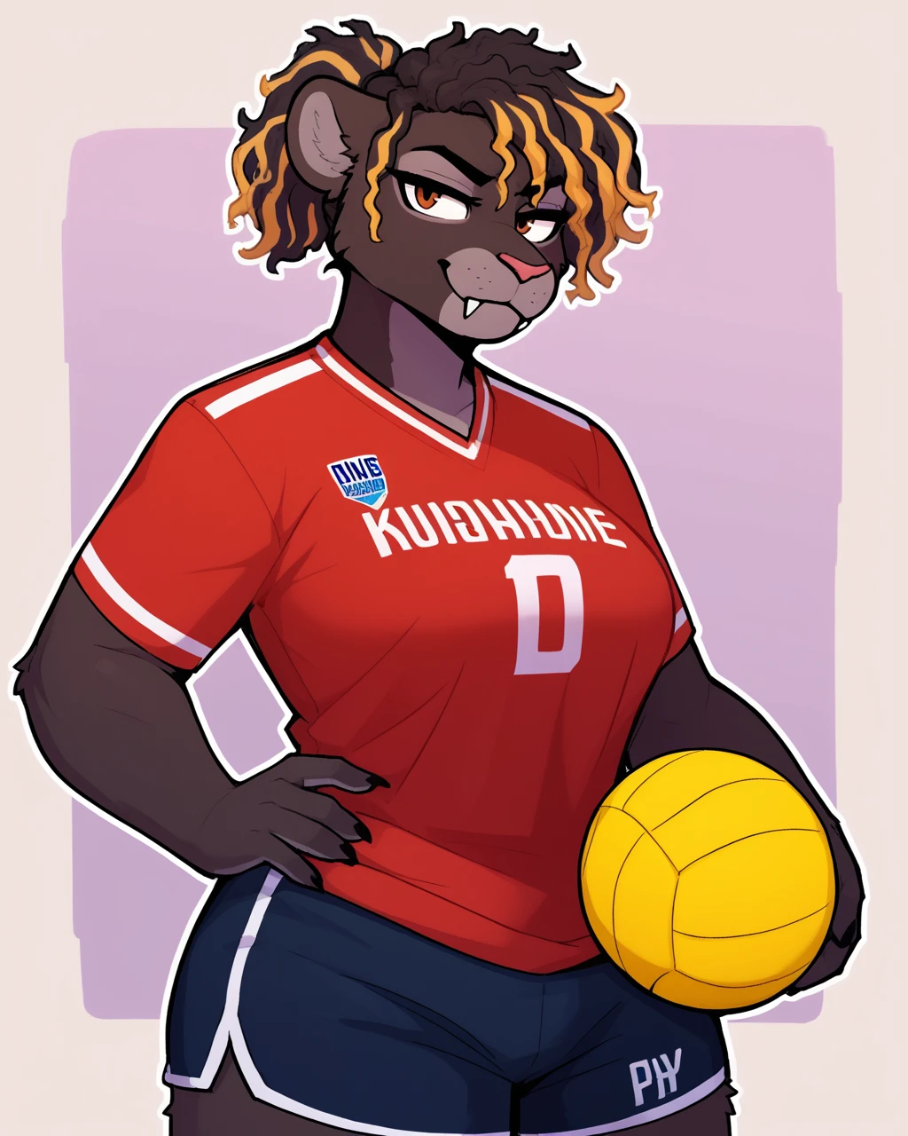 score_9_up, score_8_up, score_7_up, score_6_up, by remanedur, half-length portrait, sabre-toothed tiger, highlights \(coloring\), large breasts, kinky hair, furry female, brown eyes, fangs, female, furry, volleyball, black body, volleyball uniform, jersey, looking at viewer, dolphin shorts, solo, neutral expression, three-quarter view, short ponytail, head tilt, simple background, white outline,<lora:Leah_Pines(AIM)_XL_v1:0.25> <lora:PDXL_artist_tags_v2_big:0.5> <lora:The-Minuscule-Task_PDXL_v1.0:0.6>   <lora:Lyle_00Niine:0.55>