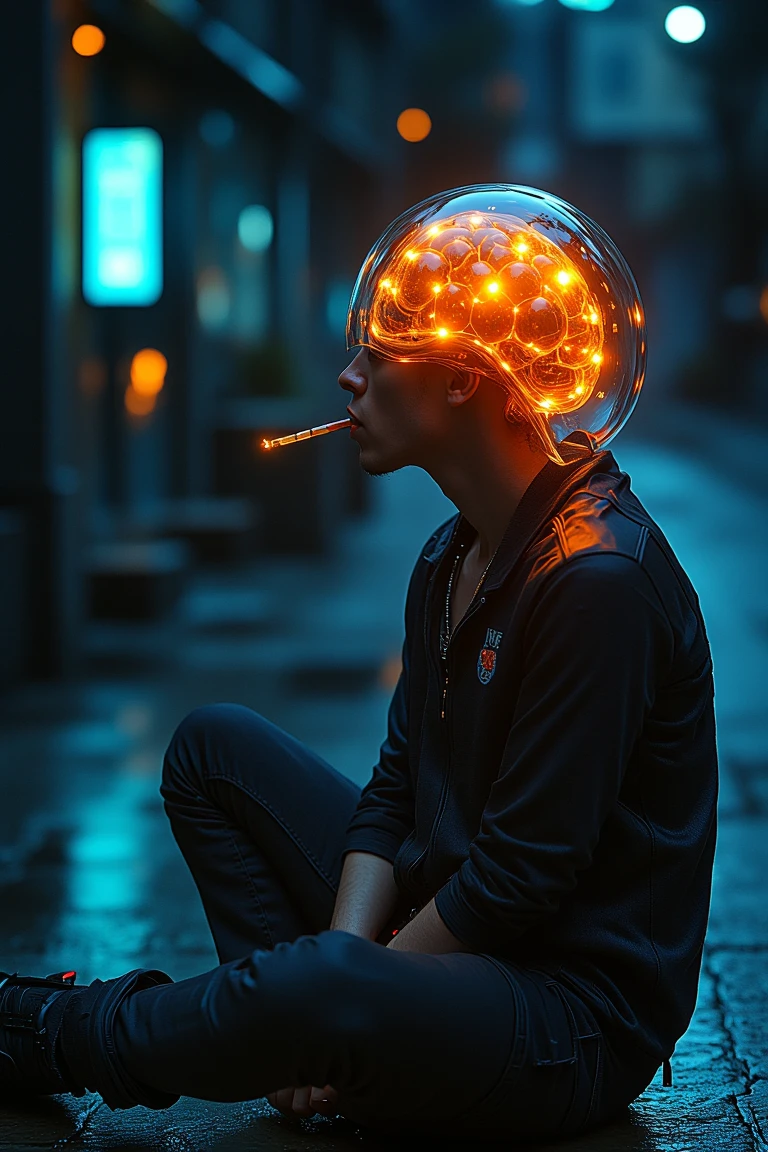 mechbrain,bioluminescence,a handsome male sitting on road and smoking cigarette, 