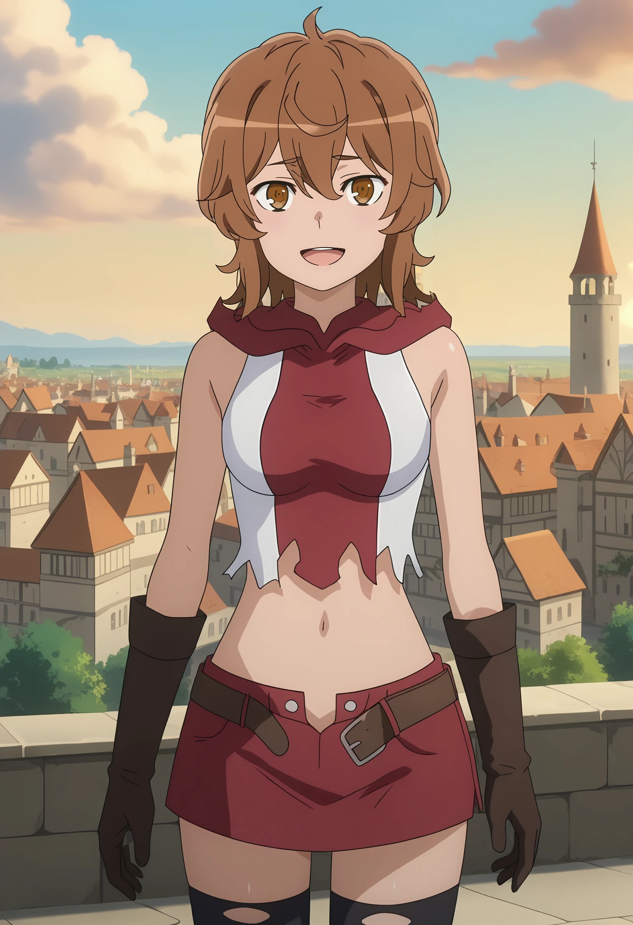 score_7_up, anime screencap,
<lora:DanMachi_LilirucaArdeXL:0.9>,
1girl, open mouth, light smile,
short hair, brown hair, brown eyes, hair between eyes,
LiliAdventurer, torn shirt, hood, sleeveless shirt, crop top, red shirt, white shirt,
miniskirt, red skirt, open fly, open belt, brown belt,
brown gloves, torn thighhighs, black thighhighs,
thigh gap, standing, looking at viewer,
medieval, city, outdoors, blue sky