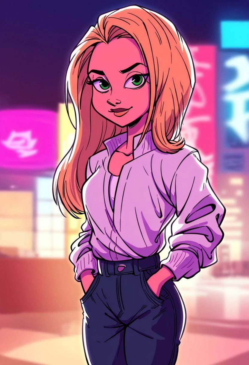 score_9, score_8_up, score_7_up, score_6_up, BREAK 
CPAlt, 1girl, long hair, blonde hair, green eyes, standing, casual, hands in pockets, open black jacket, white top, cyberpunk city background, depth of field, vibrant neon lighting, (2d animation, digital cartoon drawing, tom bancroft style, cartoony stylized proportions, big head and eyes, slim waist:1.2)