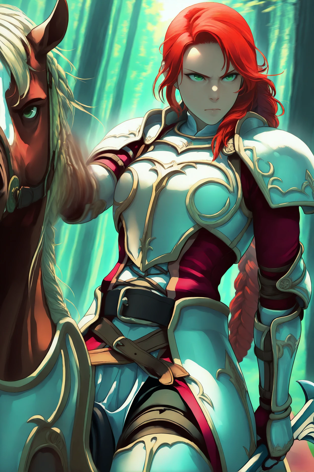 masterpiece, best quality, 1girl, solo,  <lora:fetitania-illu-nvwls-v1-000005:1> defttna, red hair, green eyes, braided ponytail, armor, shoulder armor, red coat, gauntlets, belt, pelvic curtain, pants, armored boots, horseback riding, holding axe, forest, motion blur, serious, horse, wide shot