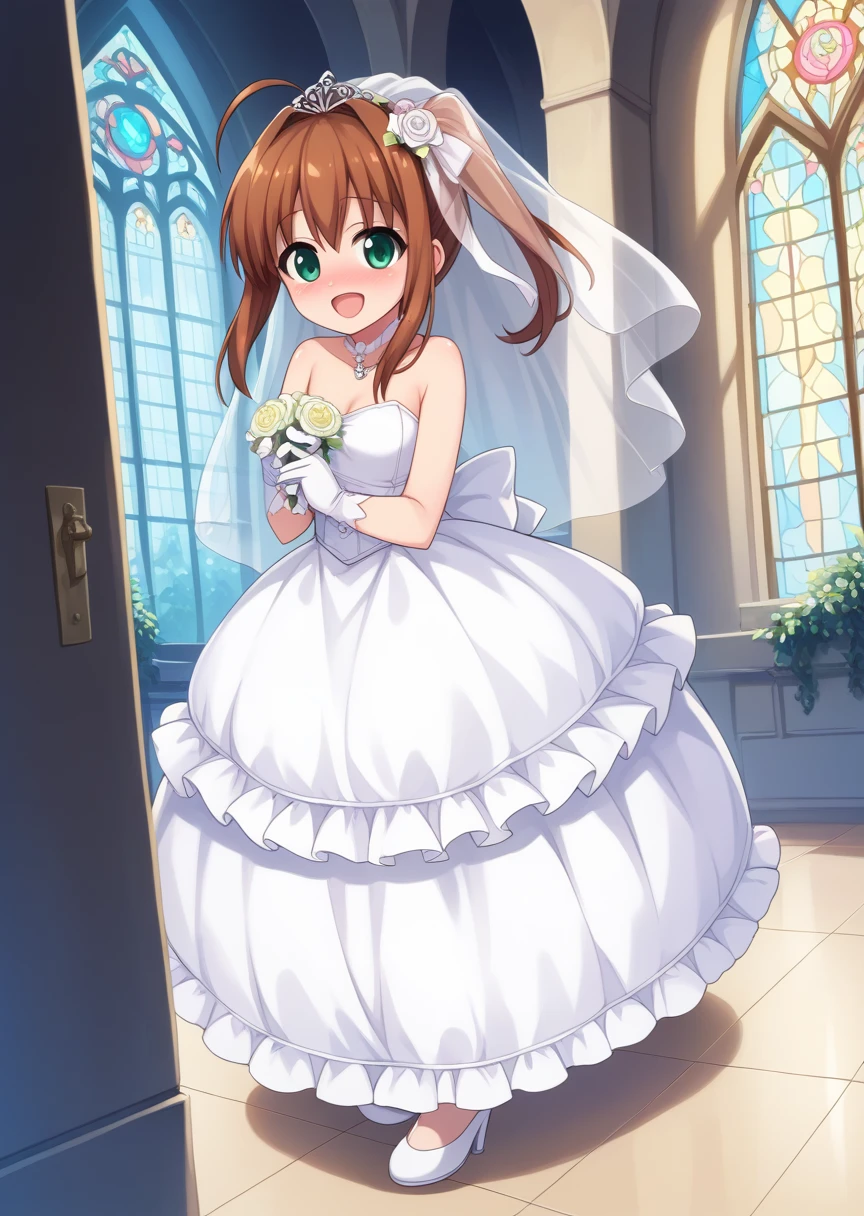 score_9, score_8_up, score_7_up, score_6_up, score_5_up, BREAK
Akar1, human, female, 1girl, solo, looking at viewer,side ponytail, blush, open mouth, brown hair, bow, ribbon, shirt, green eyes, hair ribbon, full body, ahoge, :D, happy, smile, deep blush, nose blush, wedding dress, wedding veil, church, standing