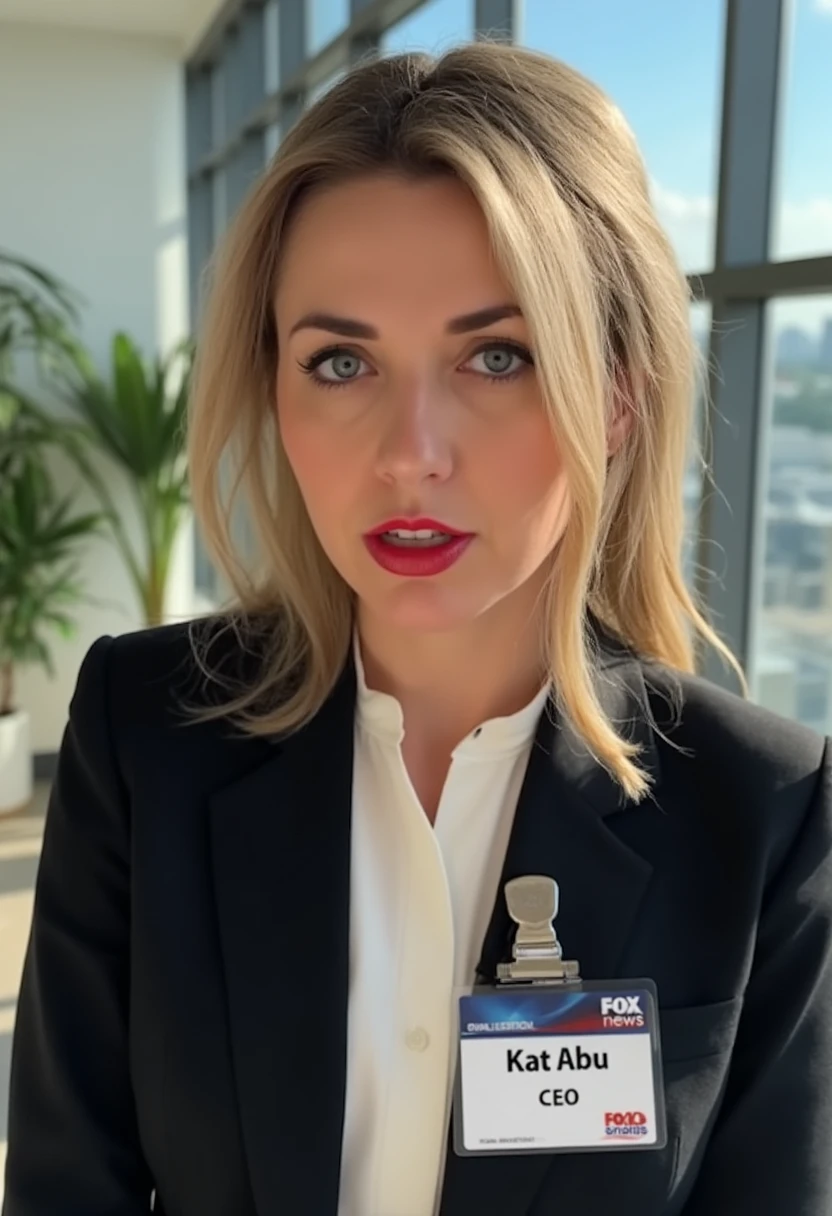 A portrait photo of katabu, a woman. She is looking straight at the viewer with a serious expression on her face. Her long hair is tied to a simple ponytail. She is wearing red lipstick. Her eyebrows are drawn down. Her mouth is closed. She is wearing a professional white shirt and a black business suit. A simple ID badge with black bold text name "Kat Abu" and smaller title "CEO" next to a FOX News logo is clipped to the suit jacket. The background is blurry and shows a modern office with house plants. Sunlight is shining through large windows.