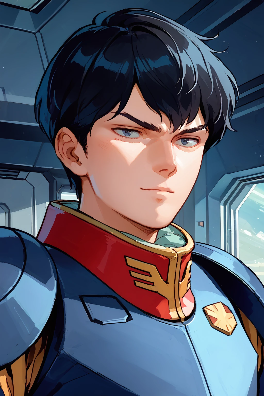 sci-fi illustration, gyunei, solo male, handsome face, black hair, slim build, space suit with red and yellow collar, <lora:gyunei:0.8>, interior space station, courtyard, rounded windows to space, (score_9, score_8_up, score_7_up)