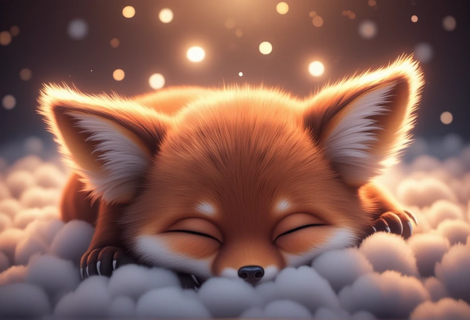 a cuddly fox with oversized ears, bv-cutenh, sleeping peacefully on a cloud, captured from a top-down view, in a fantastical style, ultra-detailed, with vibrant, radiant colors and soft magical glow that creates a sense of wonder, emphasizing extreme cuteness and charm with soft, rounded features, oversized, expressive eyes, and an enchanting atmosphere.<lora:bv-cuteness-enhancer-v1.safetensors:1.0:1.0>