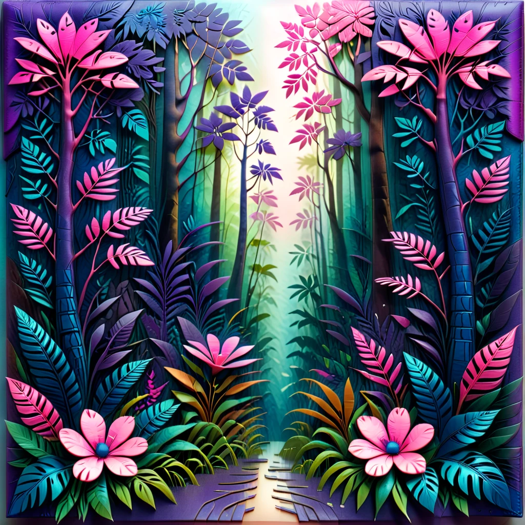 abstract nature print, rainforest, gradients, collage, leather, naive art style, Symmetrical Layout, purple, pink, and blue, floral pattern, tilt shift effect, mixed media accents, layered dimension, polished texture, burnished finish <lora:artfully_DEPTHMAP:0.8>,  depth map, in the style of carved relief, embossing, encaustic, papercraft,