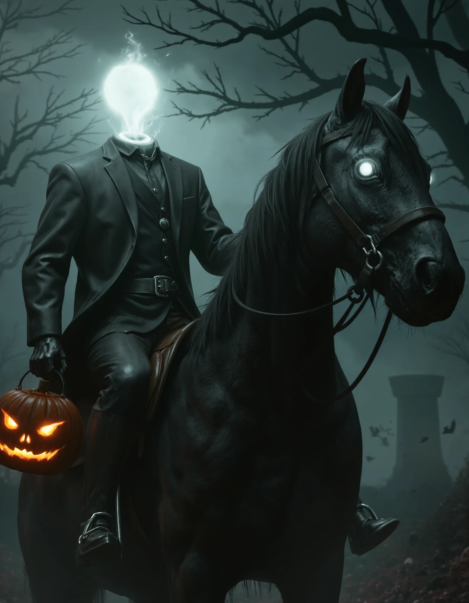 zavy-hdlsshrsmn, mysterious photoshoot of close-up view of headless rider on a horse with a glowing presence, photorealistic depiction, high quality cinematic shot, halloween style, pumpkin in hand