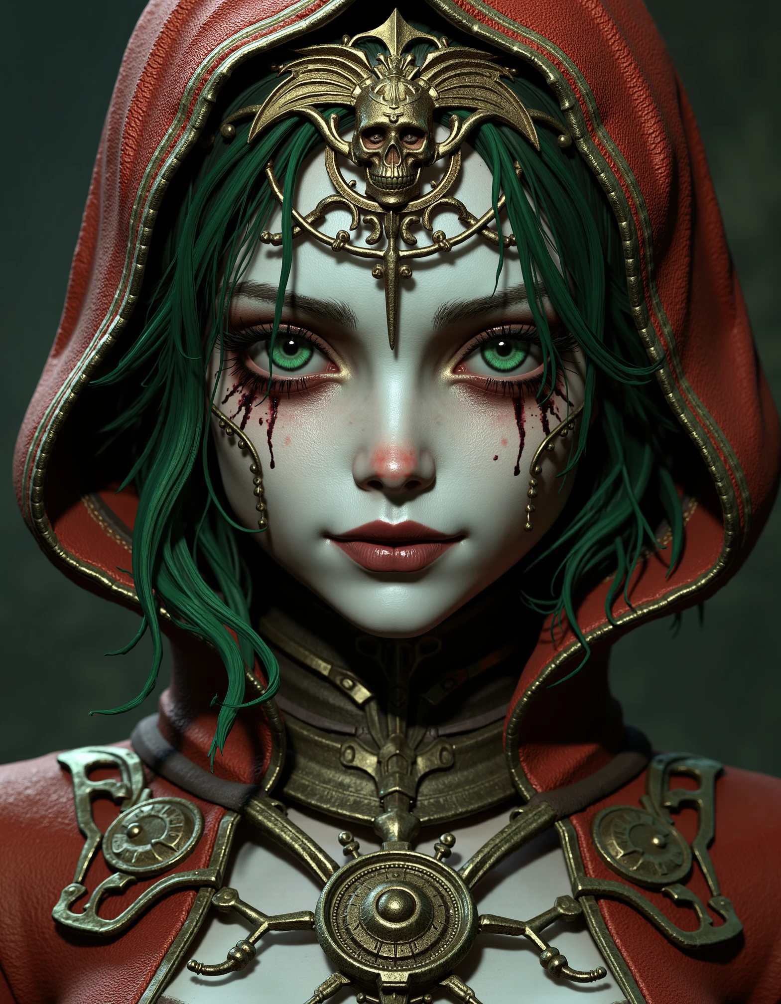 zavy-lch, close-up view, dark fantasy art style, a young female lich looking mysteriously at the viewer, dark background, muted and earthy color palette with reds, greens, and golds.