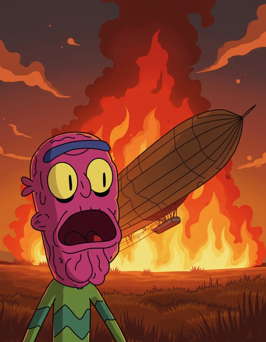 scaryterry, looks on in shock as a large zeppelin crashes in flames, scarystyle <lora:scaryterry-128-160:1>