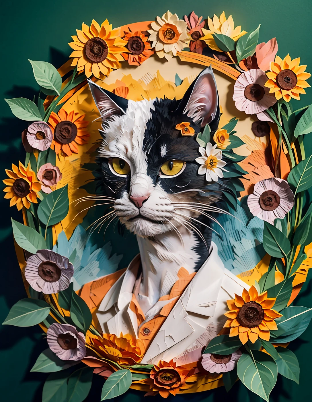 no humans,(cat:1.3),crown,orange,flower,sunflower,fantasy,abstract,(portrait),Highly detailed,(ultra-detailed),(best quality,masterpiece:1.5),<lora:paper art:0.85>,paper art,<lora:ç»èè°æ´:0>,