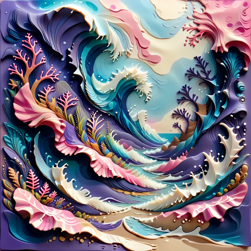 abstract nature print, ocean, fluid shapes, collage, polyester, naive art style, Raised Texture, purple, pink, and blue, scalloped pattern, tilt shift effect, sepia tint accents, seamless, smooth texture, opaque finish <lora:artfully_DEPTHMAP:0.8>,  depth map, in the style of carved relief, embossing, encaustic, papercraft,