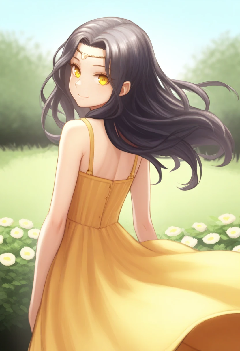 masterpiece, best quality, solo, androgenous, <lora:NSLimstellaFE7Illu:1> NSLimstellaFE7 , black hair, long hair, yellow eyes, circlet, forehead jewel, from behind, yellow sundress, garden, day, sunshine, smile, looking back