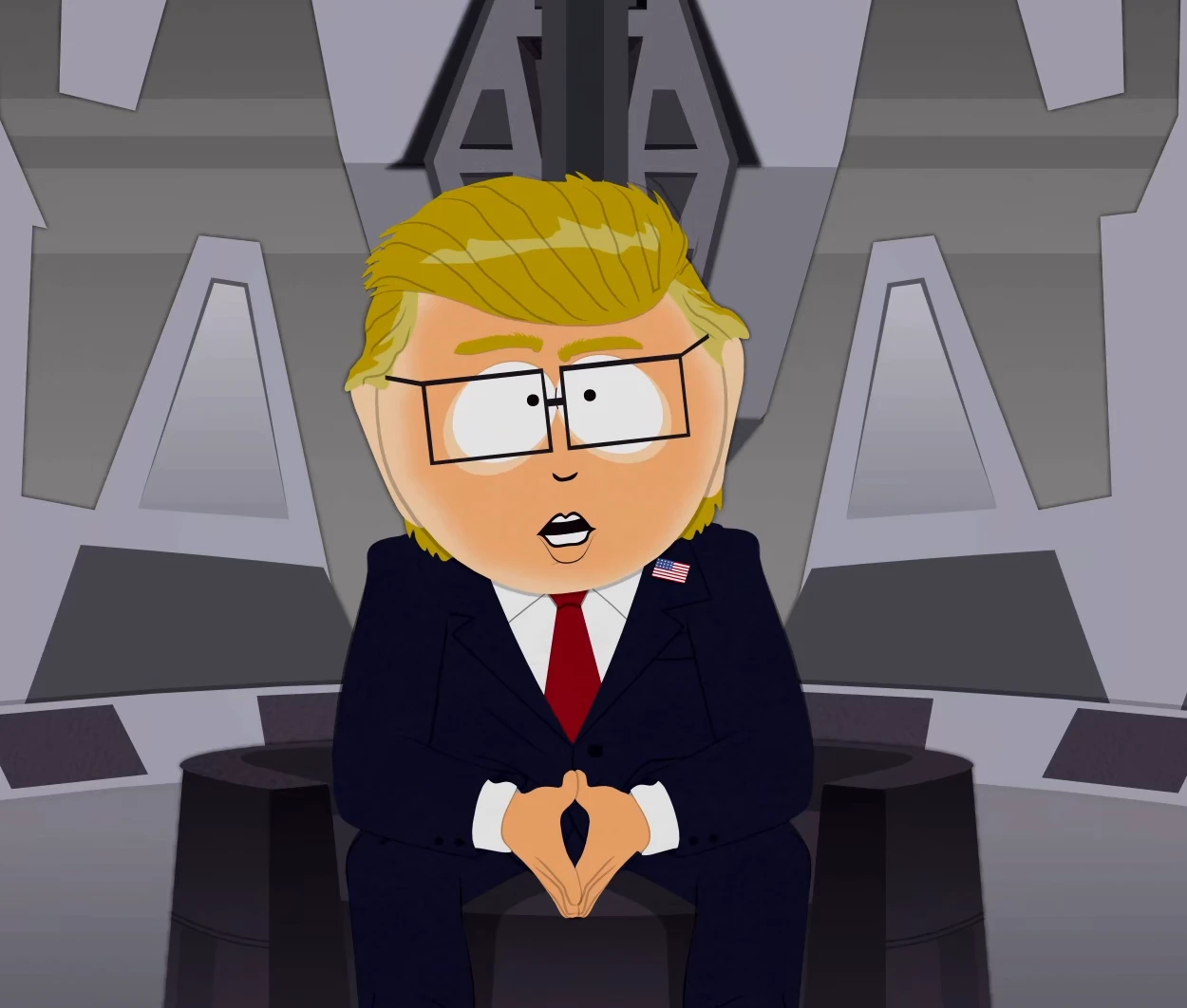 mr. garrison from south park, 1male, black dot eyes, glasses, blonde hair, face tan,
dark navy suit with red tie, stank face