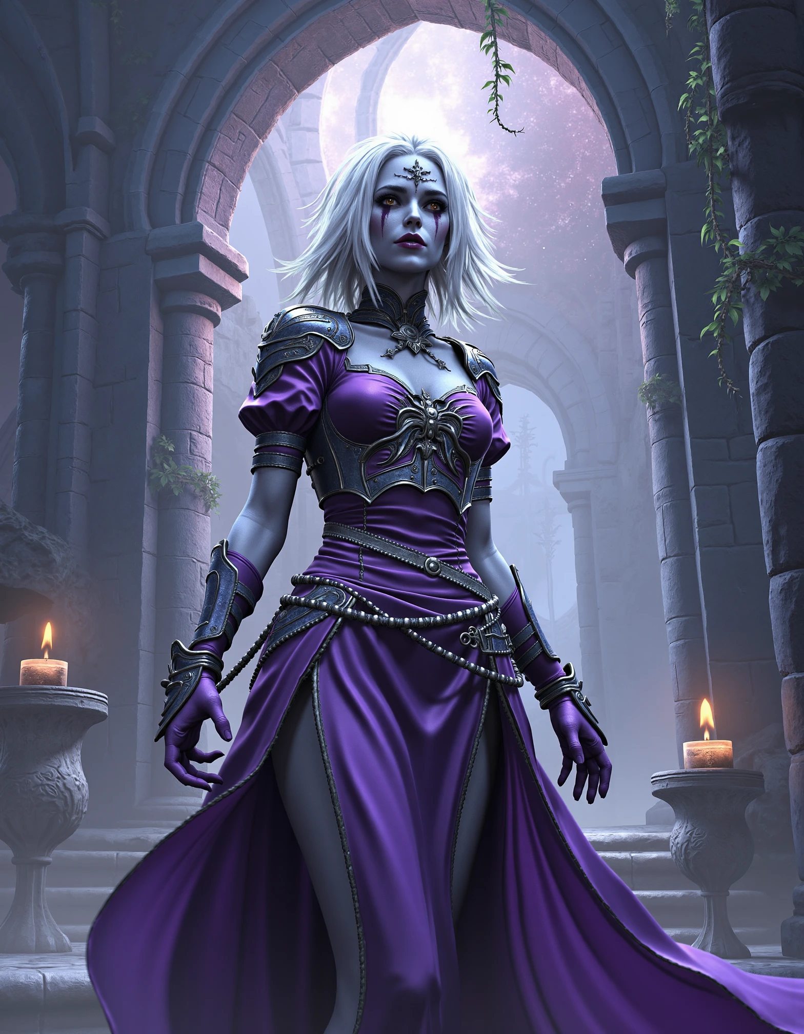 zavy-lch, Low angle view, a young woman lich with pale white skin and medium length hair in striking duotone colors of purple and silver, an ancient stone ruin draped in vines and soft glowing light, cinematic fantasy style with intricate details, a cool color palette dominated by whites, purples, and silvers.