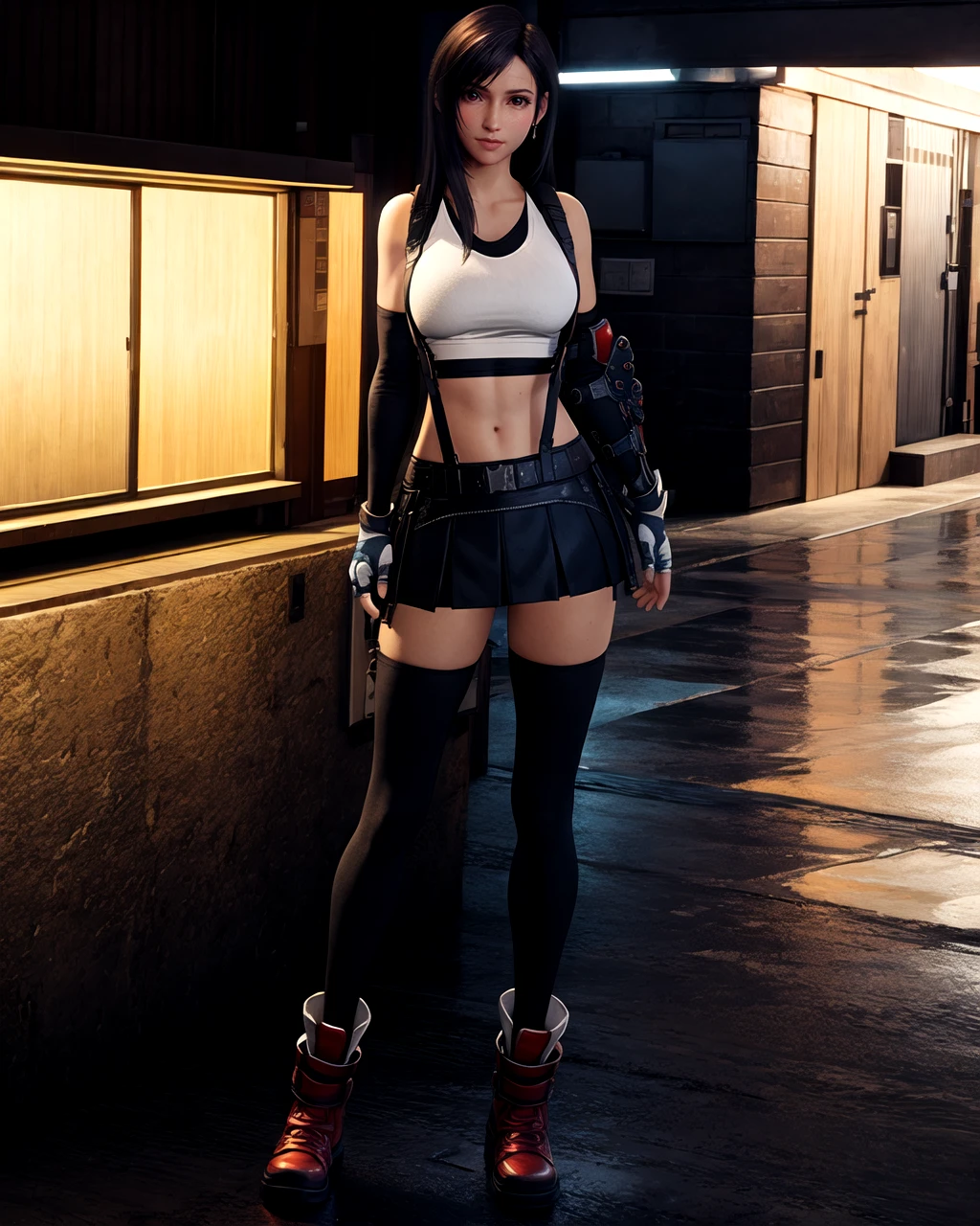 ((masterpiece, best quality;1.3)), ultra detailed, detailed background, tifa lockhart, final fantasy vii remake, ankle boots, red footwear, black skirt, suspender skirt, black thighhighs, white tank top, crop top, elbow gloves, single elbow pad, head rest, fingerless gloves, gloves, black hair, very long hair, big breasts, detailed eyes, ultra detailed eyes, suspenders, standing with back, full length, sports bra, outside, industrial zone background, narrow street, night, puddles on asphalt, reflection, small moon in sky, starry, after rain, fit body, <lora:Tifa-Lockhart-Final-Fantasy-VII-Remake-Intergrade-SD15:0.8>