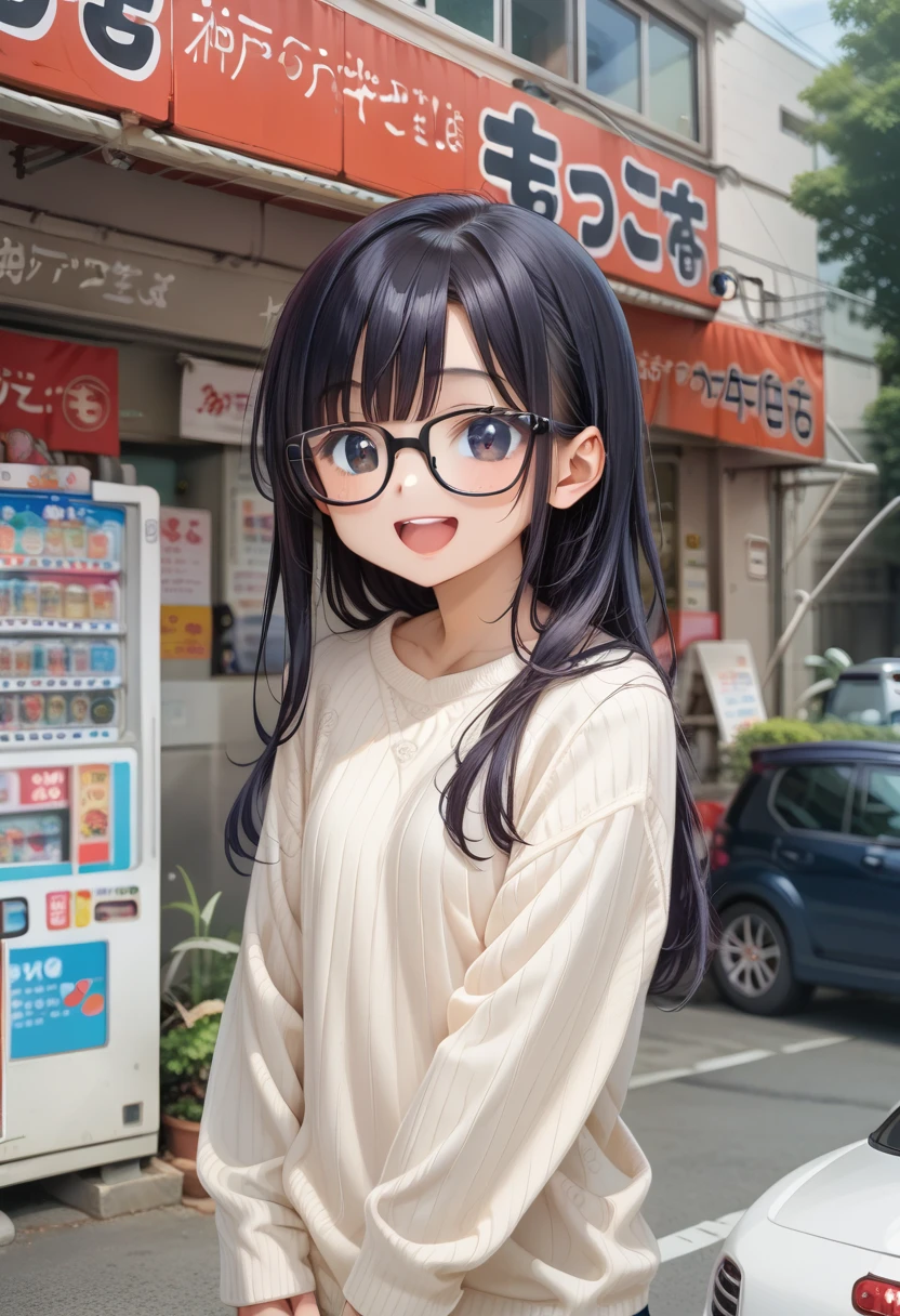 score_9, score_8_up, score_7_up, rating_safe, masterpiece, best quality, absurdres, unity 8k wallpaper, official art, official style, source_anime, uncensored, game cg, megami magazine,
1girl, solo, glasses, black hair, long hair, white ribbed sweater, happy, smile, looking at viewer, open mouth, solo focus, 
moccos, scenery, storefront, japan, outdoors, plant, vending machine, road, tree, car, sign, real world location, building, street, storefront, potted plant, close-up
 <lora:moccosu_pony_V1:1>