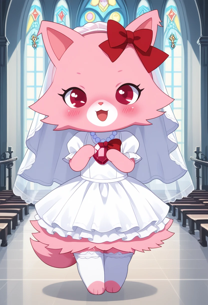 score_9, score_8_up, score_7_up, score_6_up, score_5_up, BREAK
garnet, anthro, female, jewelpet, solo, 1 bow, jewelry, standing, pink fur, tail, full body, red eyes, flower, hair bow, necklace, red bow, no humans, :3, cat, church, gem, pink paws, church, chibi, open mouth, wedding dress, wedding veil, thighhighs, happy, blush, deep blush, nose blush