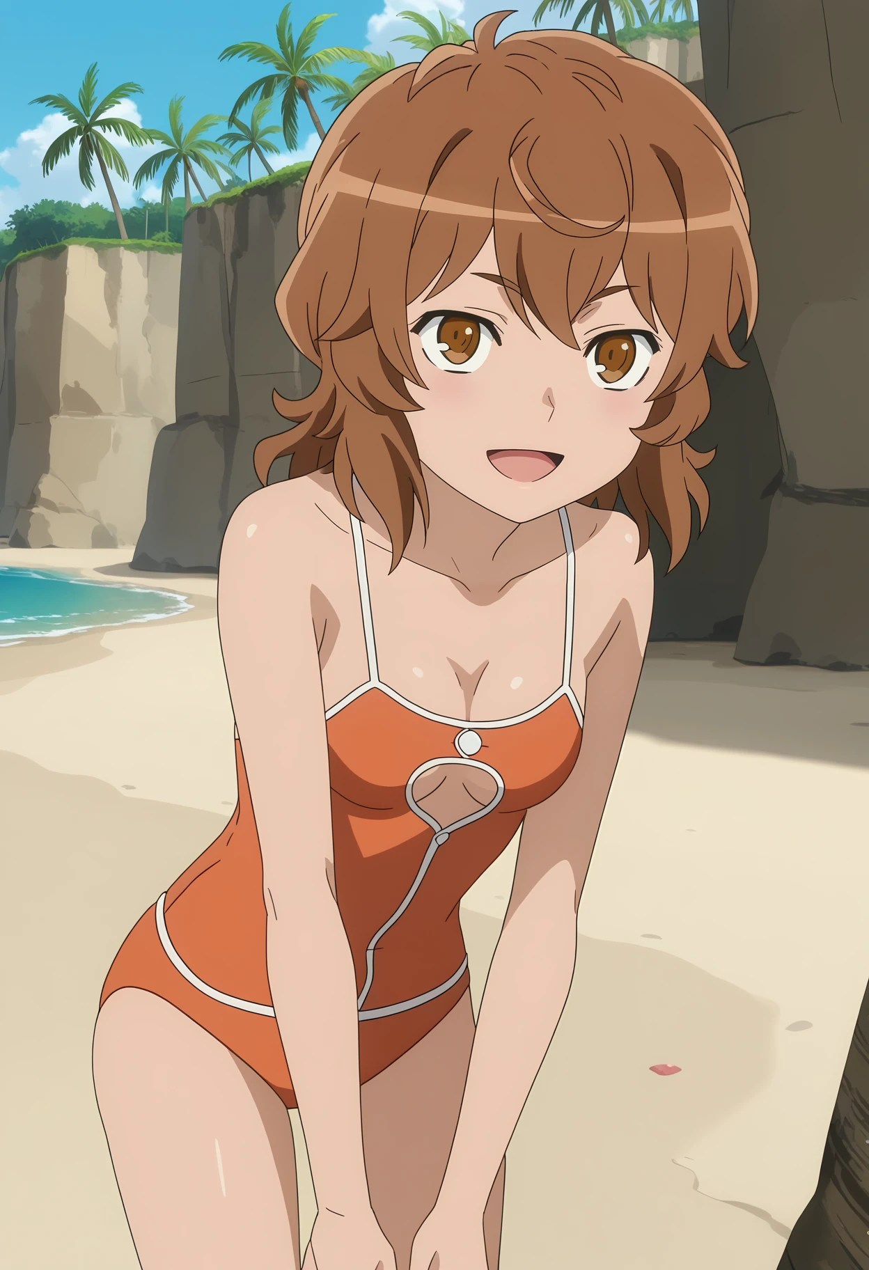 score_7_up, anime screencap,
<lora:DanMachi_LilirucaArdeXL:0.9>,
1girl, open mouth, light smile,
medium hair, brown hair, brown eyes,
LiliSwimsuit, casual one-piece swimsuit, orange one-piece swimsuit, cleavage cutout, small breasts,
leaning forward, thigh gap, standing, looking at viewer,
horizon, beach, palm tree, water