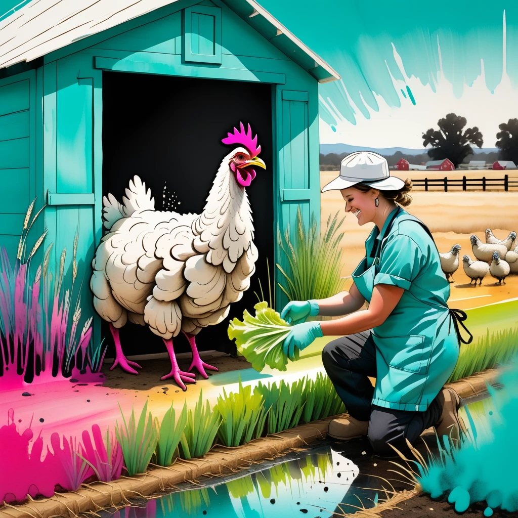 Veterinarian at the (Chicken Coop), working near a (Farmer's Market Stall) and interacting with (Emu) using Cultivator, to produce Lettuce while growing (Barley) in a (a horizon filled with vivid streaks of paint). This scene focuses on (a sheep with oversized hooves), evoking a sense of lighthearted cheer and embracing the theme of the beauty of randomness. The setting is rendered with a turquoise with splashes of hot pink color palette, accented by wild grasses outlined in dark ink, splashes of paint around the edges and special stylistic elements like light spots mimicking reflections, thick, chunky highlights, bold and jagged contours. The artwork is created in abstract playfulness style with mediums such as impasto technique with color blocks, marker and paint pen blend, ink with bold splashes of paint.