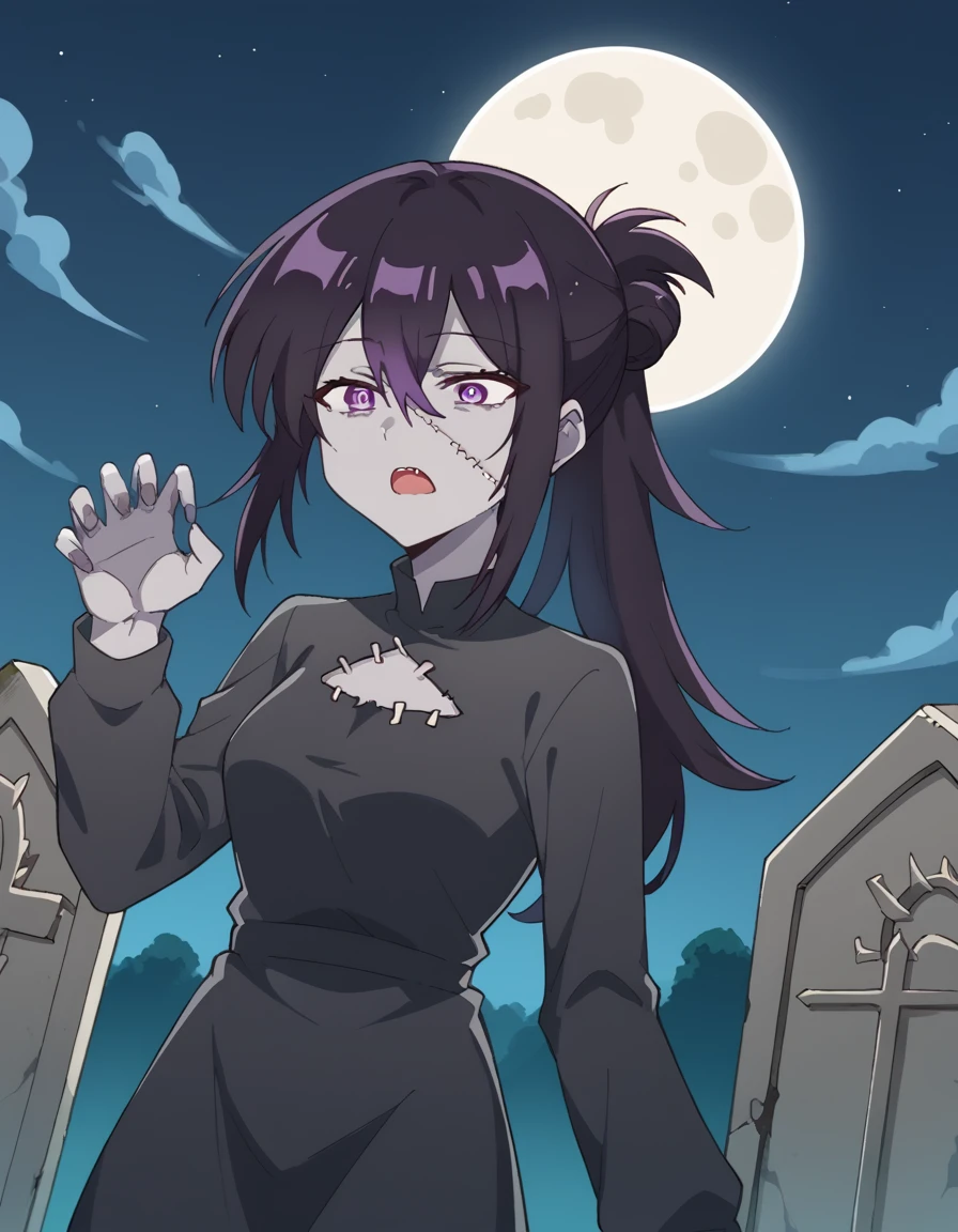 score_9, score_8_up, score_7_up, source_anime, <lora:motoko-izumi-s1-ponyxl-lora-nochekaiser:1>, motoko izumi, long hair, black hair, hair between eyes, purple eyes, ponytail, medium breasts,, <lora:zombie-ponyxl-lora-nochekaiser:1>, zombie, colored skin, stitches, grey skin, multicolored skin, stitched face, zombie pose, halloween, halloween costume,, night, moon, graveyard, tombstone, grave, open mouth, , dutch angle, cowboy shot