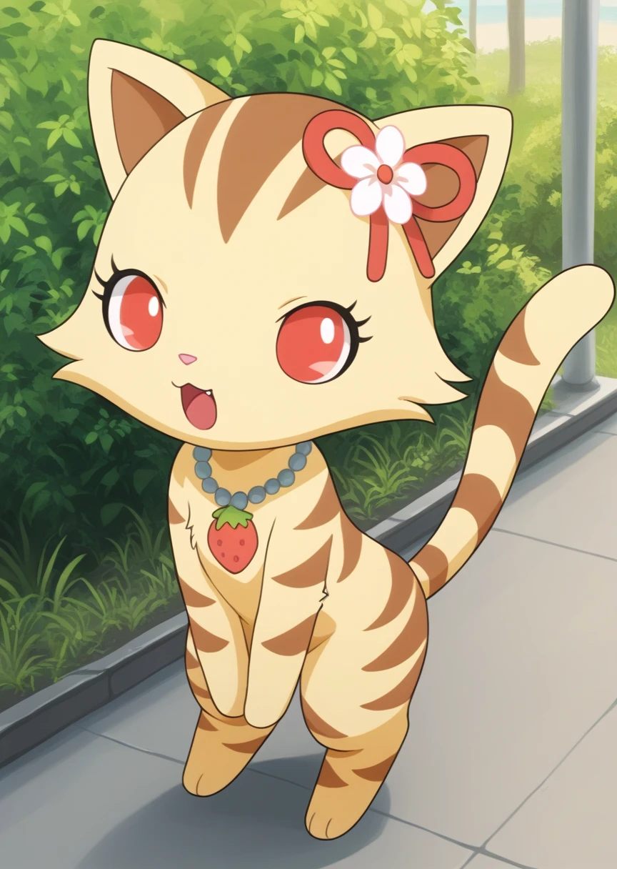 score_9, score_8_up, score_7_up, score_6_up, score_5_up, BREAK
s4ngo, anthro, female, jewelpet, cat, solo, open mouth, hair ornament, red eyes, jewelry, flower, food, hair flower, necklace, no humans, :3, fruit, strawberry, park