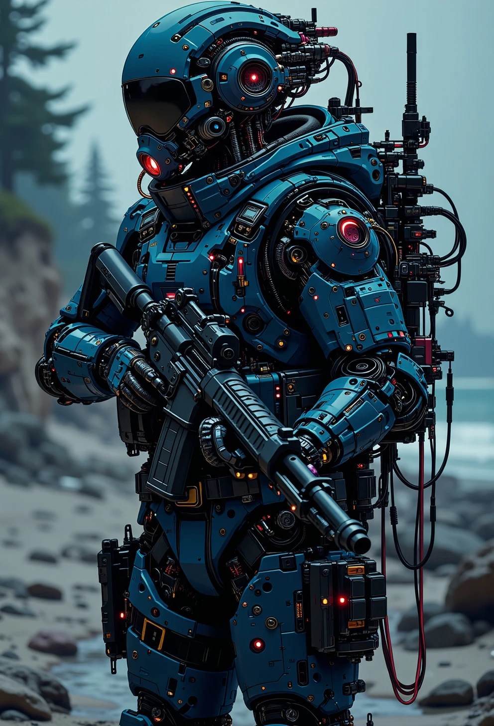 <lora:ck-nc-pastel-cyberpunk:1.0> A digital artwork in the style of cknc, sleek futuristic cyborg combat diver wearing a dual mode diver mask with a mares backmount and scuba gear, full kit with magazine pouches, wearing a tactical automatic rifle. standing on a hostile warzone beach at night. the diver is adorned with intricate, mechanical components, giving it a highly advanced, industrial look, with glowing red diodes and LEDs and a sleek matte gunmetal paint, dark cinematic mood