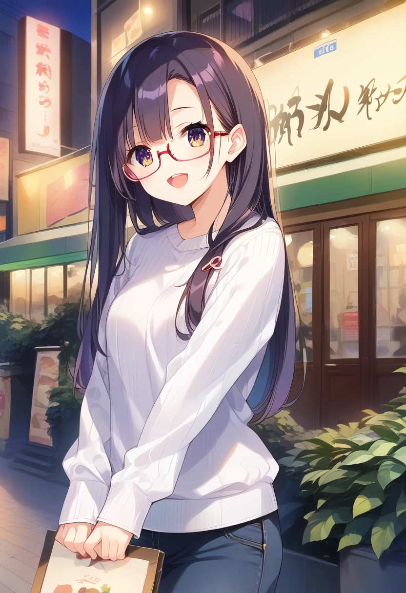 score_9, score_8_up, score_7_up, rating_safe, masterpiece, best quality, absurdres, unity 8k wallpaper, official art, official style, source_anime, uncensored, game cg, megami magazine,
1girl, solo, glasses, black hair, long hair, white ribbed sweater, happy, smile, looking at viewer, open mouth, solo focus, 
dai1asahi, storefront, outdoors, building, night, sign, real world location, city, tree, lamppost, road, plant, street, night sky, power lines, cityscape, neon lights, 
 <lora:daiichiasahi_sannomiya_pony_V1:1>