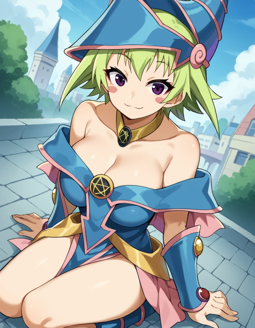 score_9, score_8_up, score_7_up, source_anime, <lora:neko-nabeshima-s2-ponyxl-lora-nochekaiser:1>, neko nabeshima, short hair, large breasts, purple eyes, green hair,, <lora:dark-magician-girl-cosplay-ponyxl-lora-nochekaiser:1>, dark magician girl cosplay, dark magician girl (cosplay), bare shoulders, blue footwear, blush, blush stickers, cleavage, collarbone, duel monster, hat, off shoulder, pentacle, wizard hat,, outdoors, cityscape, sitting, smile, blush, cowboy shot, looking at viewer, , dutch angle, cowboy shot