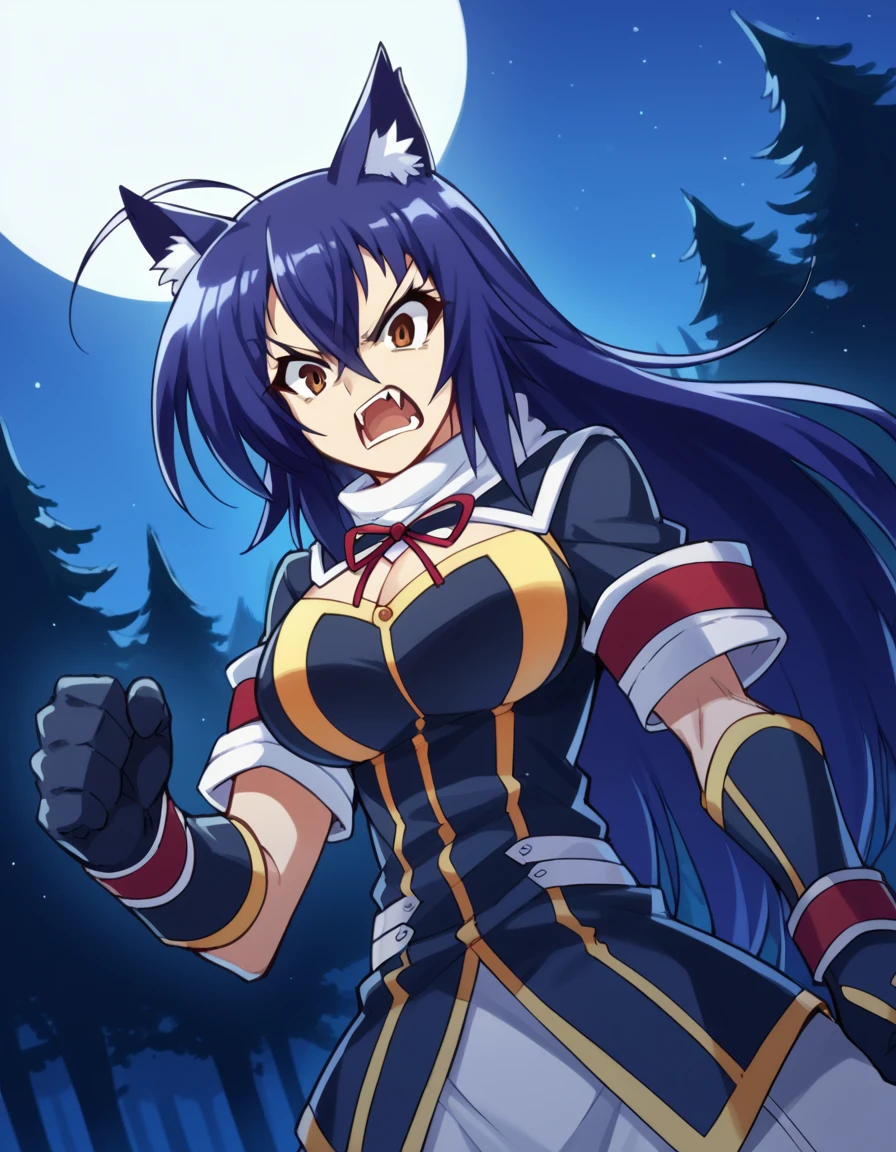 score_9, score_8_up, score_7_up, source_anime, <lora:medaka-kurokami-s2-ponyxl-lora-nochekaiser:1>, medaka kurokami, long hair, large breasts, blue hair, ahoge, brown eyes,, <lora:werewolf-ponyxl-lora-nochekaiser:1>, werewolf, furry, fangs, animal ears, gloves, angry, teeth, animal ear fluff,, forest, night, moon, open mouth, , dutch angle, cowboy shot