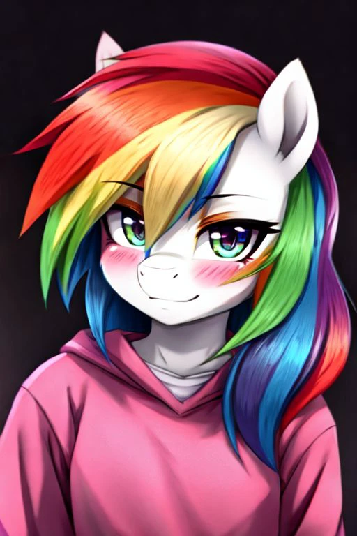 Prompt Masterpiece, score_9, score_8_up, score_7_up, source furry, anthro, rainbow hair, close up, rainbow shirt under jumper, blue and green mixed coloured eyes, 