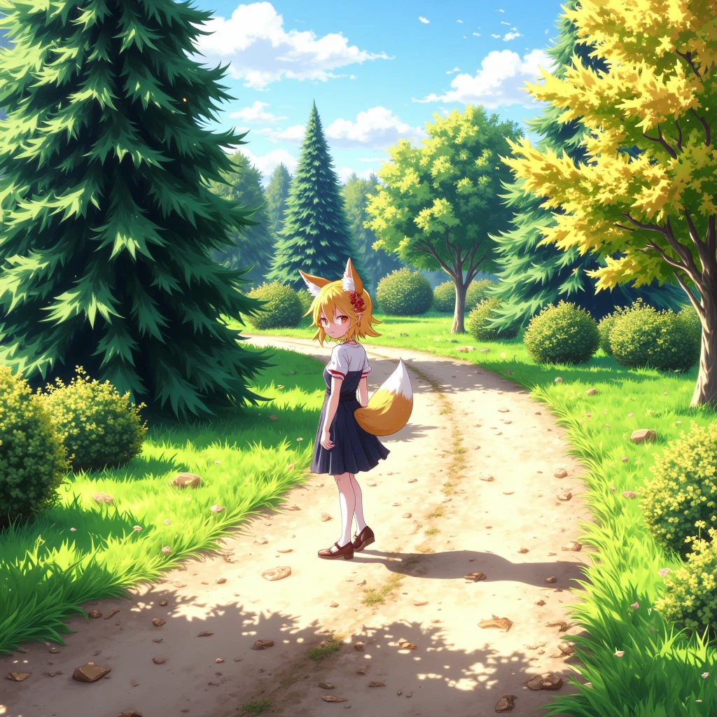 <lora:senko_flux_v1:0.7> 1girl, standing, looking_at_viewer, fox_tail, orange_eyes, fox_ears, dress, smile,  Photograph of a dirt path winding through a lush, green park on a bright, sunny day. The path is surrounded by tall, dense trees and shrubs, with a mix of evergreen and deciduous species. The lighting is bright and even, casting soft shadows on the path and the ground. The background shows a clear, blue sky with some clouds. <lora:green-park:0.8>