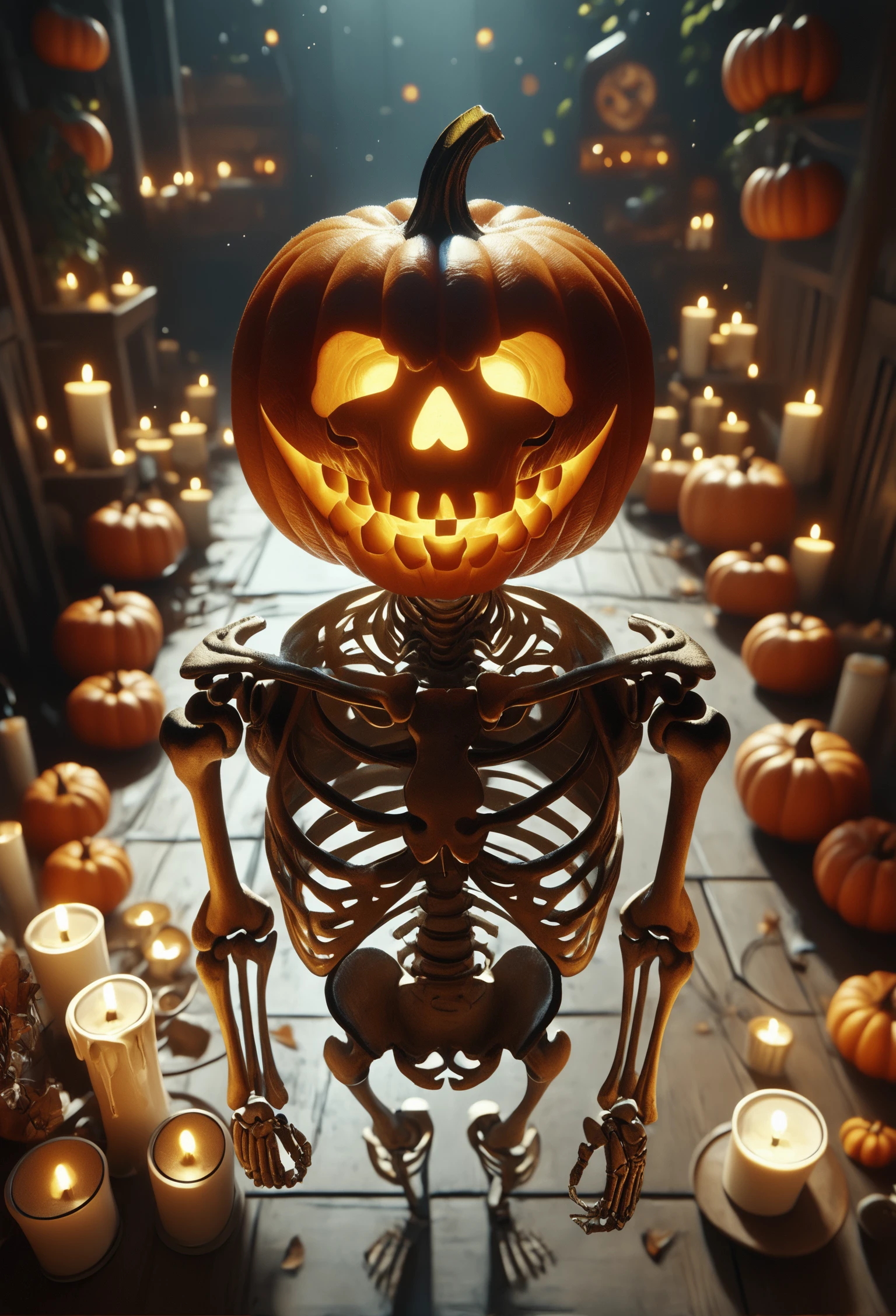 score_9, score_8_up, score_7_up, Skel-o'-lantern, wide shot, fisheye, high angle view, from above, looking up, dynamic pose, glowing eyes, glowing mouth, candle, surrounded vy jack-o'-lantern, , <lora:Skel-o'-lantern_v2:1.0>