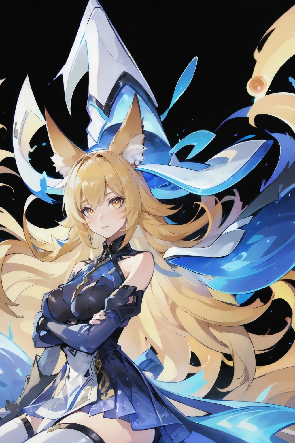 <lora:Liliana_Witching_Hour_ AoV_Model_LoRA:0.8>, Liliana_Witching_Hour, 1girl, solo, hat, witch hat, long hair, animal ears, fox ears, animal ear fluff, blonde hair, bangs, earrings, looking at viewer, yellow eyes, lips, closed mouth, bare shoulders, breasts, large breasts, dress, blue dress, black dress, gloves, black gloves, fingerless gloves, skirt, white skirt, thighhighs, white thighhighs, white footwear, tail, fox tail, fox girl, cat
, upper body, sitting, best quality, ultra high res, (photorealistic:1.4), masterpiece, real life skin, hyper real