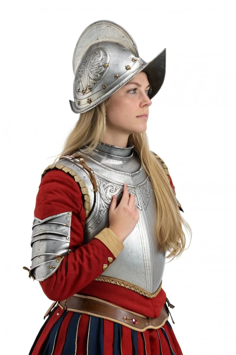 hires digital photo, photorealism, photo, simple white background, upper body, <lora:Milanese_Armor:1> female wearing conquistadorarmor, long blonde hair, red and blue uniform, hand by own waist, standing, looking to the side, profile, intricate details, high resolution,, SDXL_Overall_Detail