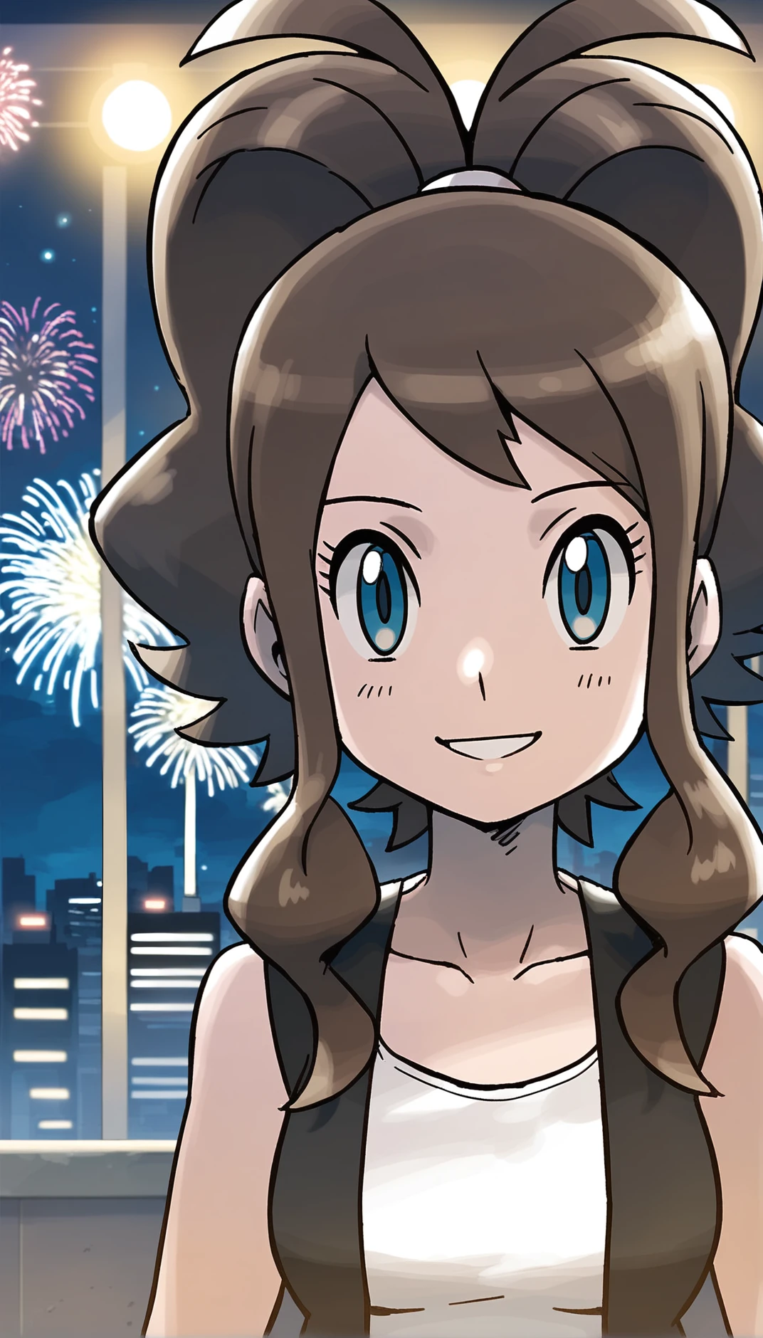 score_9,score_8_up,score_7_up,
<lora:hilda:0.9>,
bwhilda,
1girl,solo,
brown hair,high ponytail,hair tie,
looking at viewer,blue eyes,smile,
black vest,white tank top under the vest,
portrait,on roof top,front view,
outdoors,city,skyscraper,len flare,lights particle,night,fog,rim light,starry sky,warm,fireworks,buildings,