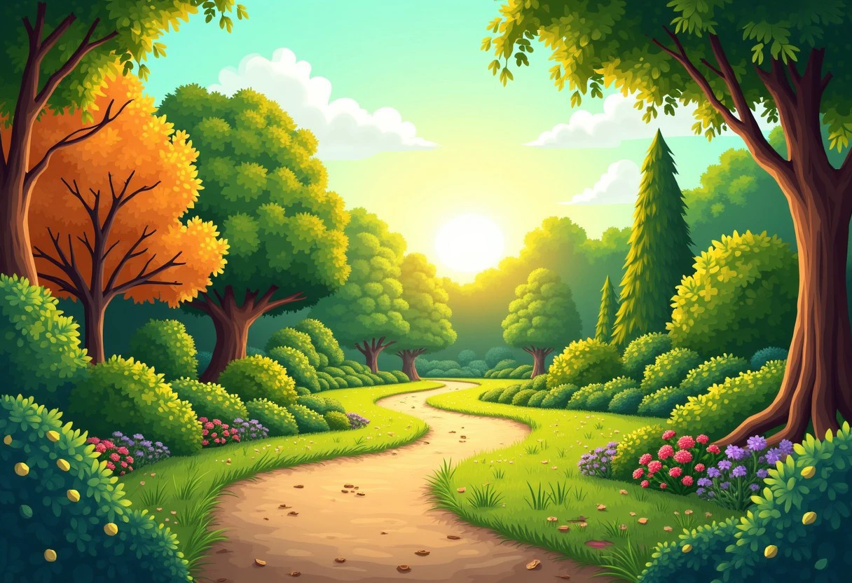 Cartoon Photograph of a lush, green garden with a variety of trees and shrubs, taken in bright, natural daylight. The sun is shining brightly, casting long shadows and creating a warm, golden glow. The garden is filled with vibrant green foliage and some trees have autumnal colors. A dirt path runs through the garden, leading the viewer's eye.