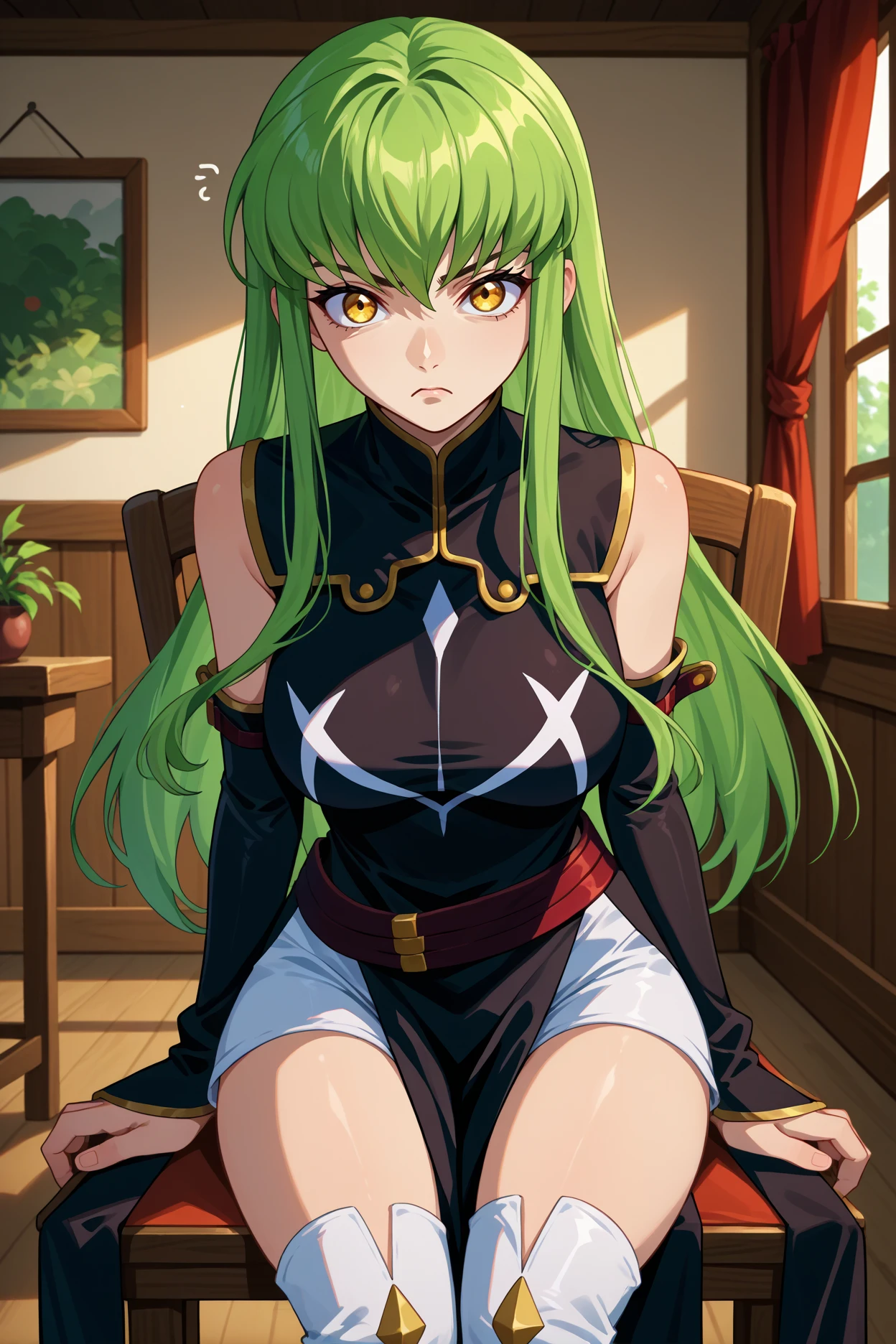 score_9, score_8_up, score_7_up, score_6_up, source_anime, 1girl, solo, <lora:cgcc-pdxl-nvwls-v1-000005:1> cgcc, green hair, very long hair, yellow eyes, black dress, turtleneck, sleeveless dress, arm warmers, black sleeves, red belt, white shorts, short shorts, pelvic curtain, white thighhighs, thigh boots, big breasts, sitting, chair, looking at you, leaning forward, confused, indoors, house