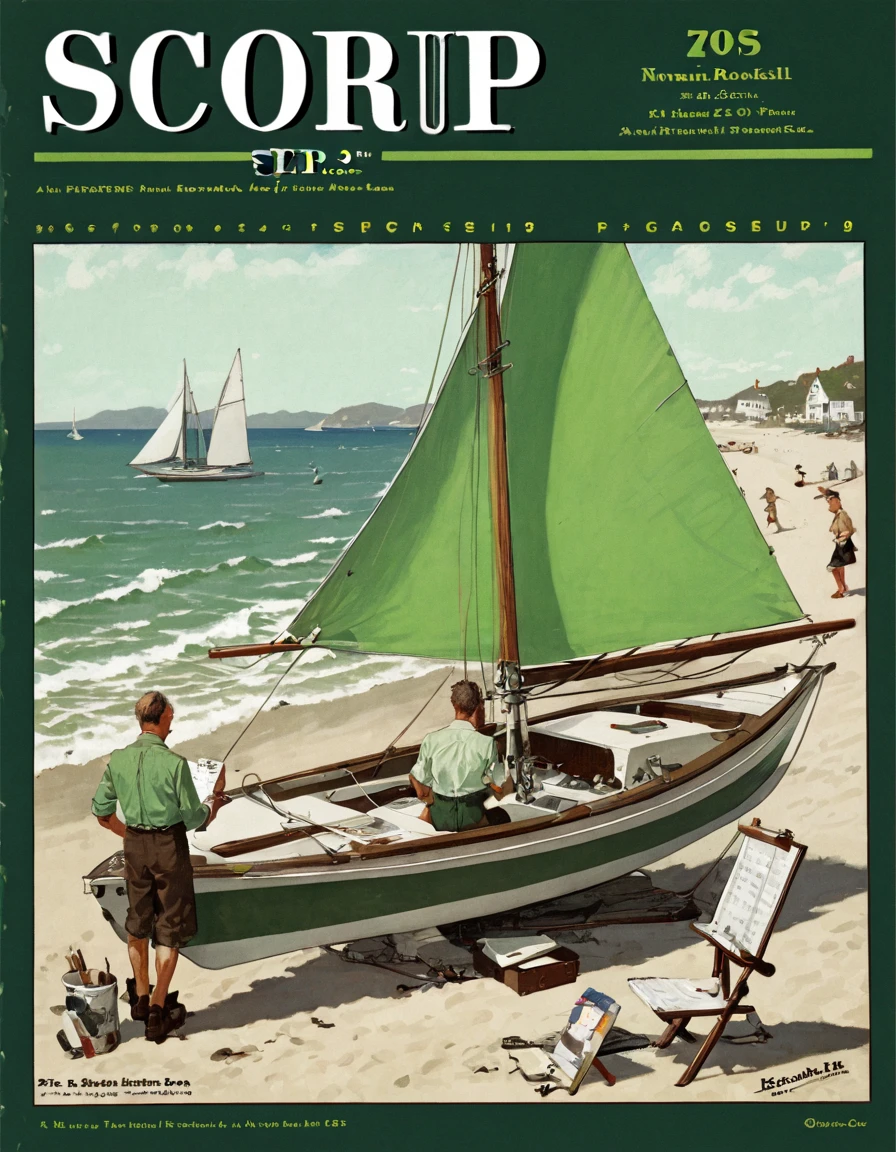 score_9, score_8_up, score_7_up, SEP_Post, cover20s, green cover, white post text, a man on a sailboat painting the seaside, Norman Rockwell, <lora:Saturday_Evening_Post:1>