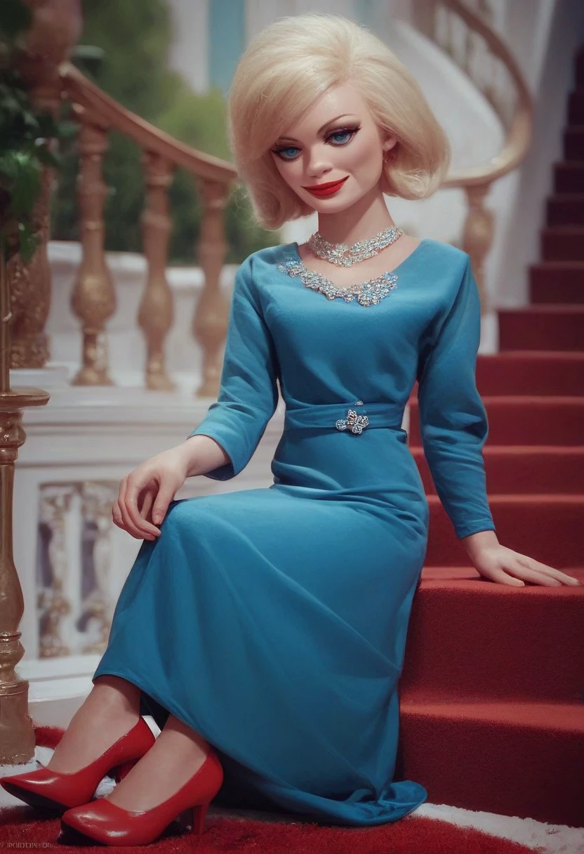 score_9_up, score_8_up, score_7_up, score_6_up, 1girl ,solo, lady_Pcw, blonde hair, short hair, blue eyes, makeup, jewelry, long blue dress, heels, on an ornate staircase, red carpet, (in a stately home), red lipstick, welcoming smile, (painted art)