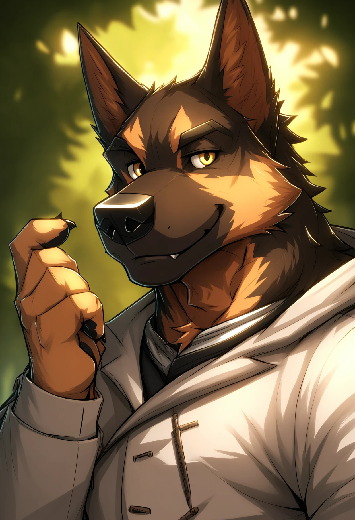 score_9, score_8_up, score_7_up, (detailed face, detailed body, detailed background, perfect hands, perfect anatomy, masterpiece, high quality, best quality), digital media \(artwork\), source_furry, close-up, male focus, park, dog, anthro, yellow eyes, muscular, looking at viewer, smile, drks_style <lora:DRKS Style_V1:1>