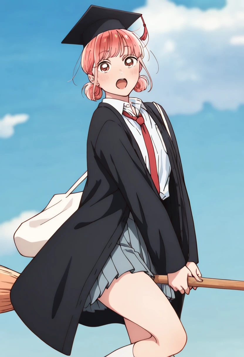 1girl,  hina chono,  alternate costume, bag, black robe, blue sky, blush, broom riding, cloud, hair ornament, hat, looking at viewer, mortarboard, necktie, open clothes, open mouth, open robe, satchel, school uniform, solo, thighs, white shirt, masterpiece, best quality, 8k, amazing quality, very aesthetic, absurdres, <lora:Hina_Chono:1>